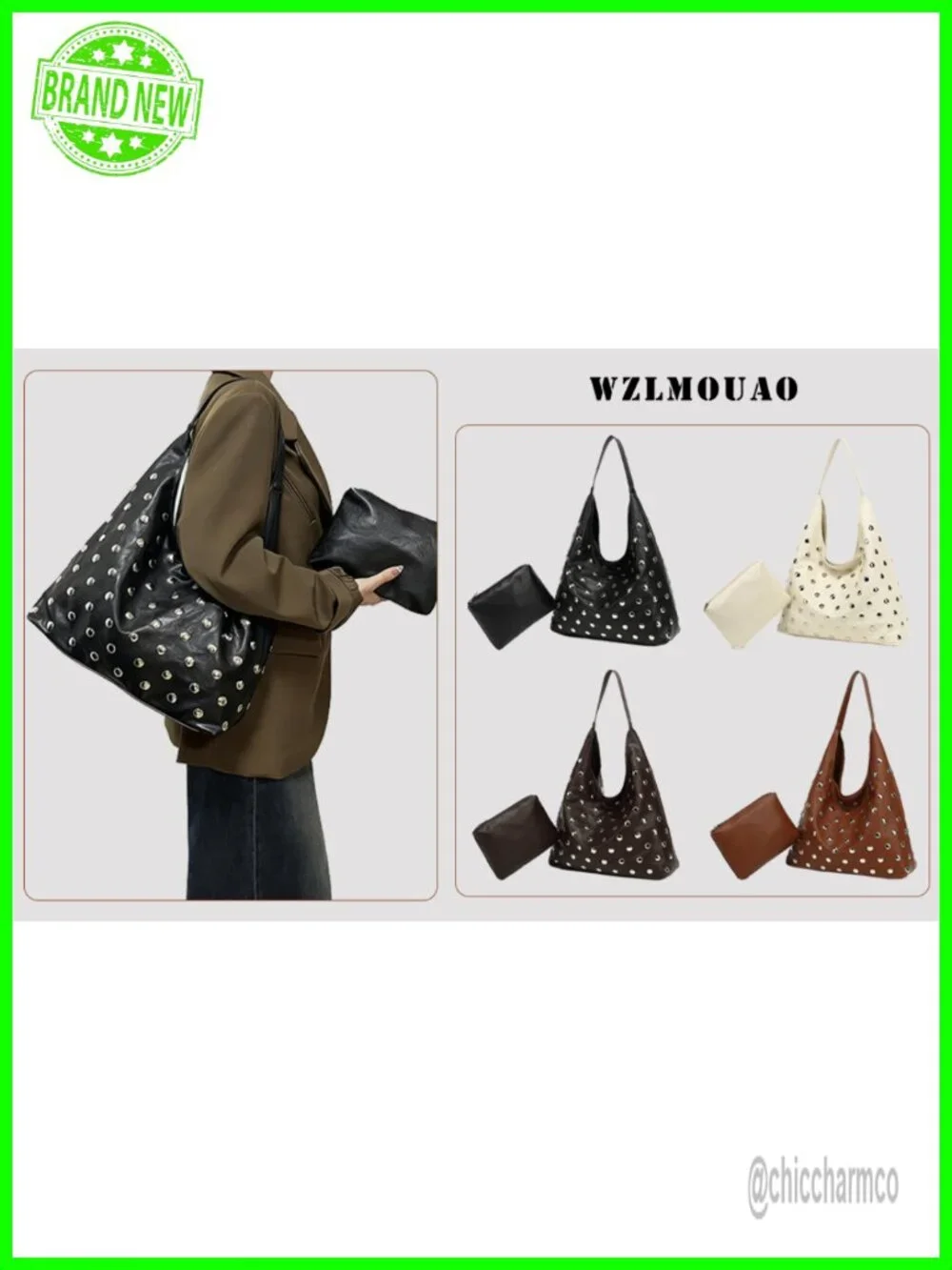 Studded Hobo Bag Vegan Leather Tote Purse Slouchy Shoulder Bag